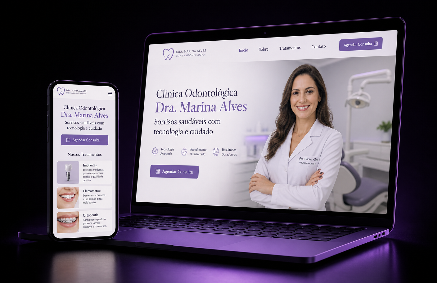 Notebook e celular exibindo um site de clínica odontológica criado pela Up Rank IA